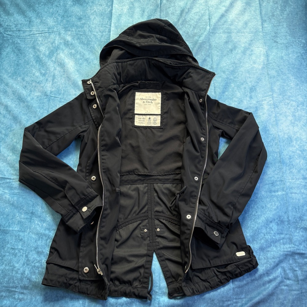 Abercrombie & Fitch Nylon Parka Jacket Hooded Black Water Resistant S - Picture 6 of 8